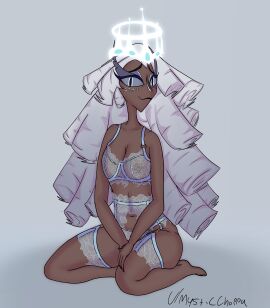 angel blue_eyelashes blue_eyes breasts curly_hair dark-skinned_female dark_skin female freckles freckles_on_face grey_hair halo hands_on_thighs hazbin_hotel lingerie long_hair long_neck mysticchoppa nervous nervous_smile nipples see-through see-through_bra see-through_clothing sera_(hazbin_hotel) simple_background sitting small_breasts solo solo_female vivienne_medrano white_eyes white_hair