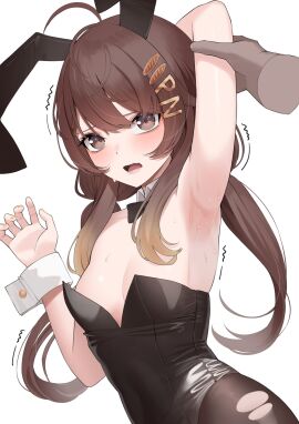1girls ahoge arm_behind_head arm_grab armpit bare_armpit breasts brown_eyes brown_hair bunny_ears bunnysuit detached_collar detached_sleeves disembodied_hand exposed_armpit female grabbing grabbing_arm hair_ornament hair_over_shoulder hair_over_shoulders hairclip hi_res highres indie_virtual_youtuber light_blush looking_at_viewer one_arm_behind_head one_arm_up pan_the_bread ripped_pantyhose scared small_breasts sweat sweating sweaty sweaty_armpit trembling twintails vaughnilla virtual_youtuber white_background