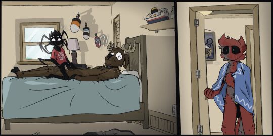 alarm_clock anthro arachnid arthropod bed bedroom black_sclera blank_censor blush bodily_fluids bottomless bottomwear buoy ceiling_lamp censored clock clothed clothes_on_floor clothing container cowgirl_position deer door ellipsis exclamation_point fangs feathers female fingers from_front_position furniture genitals glowing glowing_genitalia glowing_pussy group hairy hallway hands_on_legs hi_res hinge holding_object hooved_fingers hooved_toes hooves horn ineffective_censorship ineffective_cover izzi_(sevens_artchive) jar lamp looking_at_another lying male mammal multi_arm multi_eye multi_limb no_irises nude on_back on_bottom on_top outlet owen_(sevens_artchive) painting panties pillow pussy question_mark sevens_artchive sex shelf ship shirt shirt_only shorts spider surprised teeth topwear topwear_only towel towel_on_shoulder towel_only trico_(sevens_artchive) trio underwear vehicle venom watercraft window wtf_face x'i