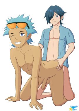 anal anal_sex blue_eyes blue_hair brawly_(pokemon) comission doggy_style enjoying falkner game_freak gay grabbing_ass hatsuki_art male male_only naked naked_male nintendo pokemon pokemon_oras precum smile sunglasses sunglasses_on_head white_background yaoi