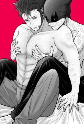 2boys abs arm_hair barefoot beard chest_hair collarbone deadpool deadpool_&_wolverine_(2024) doghooouse facial_hair gay james_howlett large_pectorals logan_(x-men) looking_at_another male male_focus male_only marvel marvel_cinematic_universe marvel_comics mask mask_lift monochrome multiple_boys multiple_males muscular muscular_male mutant_(marvel) mutate_(marvel) navel navel_hair nipples pants parted_lips pectoral_grab pectorals red_background scar scars_all_over short_hair sitting sweat topless_male wade_wilson wolverine_(x-men) x-men yaoi