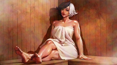 1girls azuma_yasuo azumaarts barefoot black_hair feet feet_focus female foot_fetish heterochromia legs light-skinned_female light_skin luna_snow luna_snow_(marvel_rivals) marvel marvel_comics marvel_rivals sauna seol_hee sweating tagme towel towel_wrap white_hair