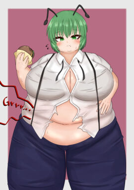 bbw belly_overhang big_belly big_female blush chubby chubby_female double_chin embarrassed fat fat_female fat_fetish fatty female giantess hamburger large_female mini_giantess obese obese_female overweight overweight_female plump pork_chop ripped_clothing thick_thighs touhou tubby weight_gain wriggle_nightbug