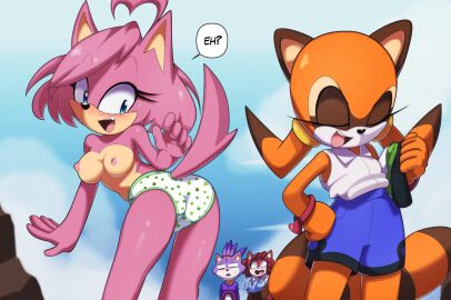 2022 anthro anthro_female anthro_only big_ears big_eyelashes big_tail blaze_the_cat blue_clothing blue_eyes blush blush_lines boobs_out bracelet breasts breasts_out bucket cat_ears cat_girl cat_tail catgirl childish_panties clothes_removed clothing clover_panties clover_print clover_underwear confused confused_look confusion cub euf-dreamer feline female fish furry furry_female furry_only light_sweat marine_the_raccoon oc orange_fur outside panties panties_only pink_fur print_panties print_underwear purple_fur raccoon raccoon_ears raccoon_girl raccoon_tail red_fur shocked shocked_expression shorts sky_background small_breasts sonic_(series) sonic_oc sonic_rush sonic_rush_adventure sonic_the_hedgehog_(series) tail tits_out underwear underwear_only white_clothing
