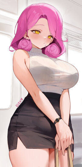 1girls 2024 absurd_res artist_name bag bare_arms bare_shoulders black_bra black_skirt blush bra bra_visible_through_clothes breasts clothed clothing eden_(shiroki_yuutsu) emotionless emotionless_female female female_only fully_clothed heart highres holding_bag huge_breasts indifferent indoors knitted_sweater large_breasts miniskirt office_lady original pencil_skirt pink_hair see-through see-through_clothing short_hair sideboob signature skindentation skirt sleeveless sleeveless_sweater solo standing sweater thick_thighs thighs tight_clothing tight_skirt train train_interior turtleneck turtleneck_sweater unbothered uncaring underwear v_arms vanilla_(eden_(shiroki_yuutsu)) watch white_sweater wide_hips window wristwatch yellow_eyes