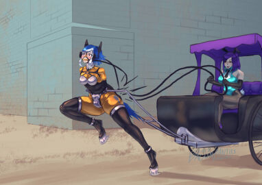 2girls armbinder baconpanties bit_gag blinders blue_hair blue_leotard bodysuit bondage bound breasts bunny_ears bunny_tail chastity chastity_belt chastity_bra collar detached_collar dominant_female dominatrix elbow_gloves fake_animal_ears fake_tail female female_chastity female_domination female_only femdom femsub gag gagged gloves harness_bit_gag high_heels holding_reins hoof_boots horse_ears horse_tail large_breasts leotard long_hair monoglove multicolored_hair necktie orange_bodysuit original pantyhose pet_play petplay playboy_bunny pony_girl ponygirl ponyplay ponytail pulling_carriage purple_hair red_eyes reins slave thighhighs wagon white_hair