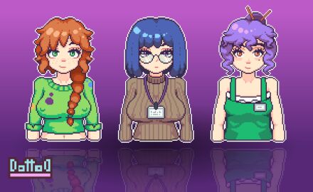 3girls artist_name blue_hair breasts clothed clothes clothing female female_only freckles freckles_on_face glasses green_eyes hard_nipples multiple_females multiple_girls nipple_bulge oc original original_character original_characters pixel_art pixeldottod purple_eyes
