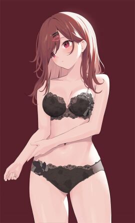 1girls bare_armpits bare_arms bare_belly bare_chest bare_hands bare_hips bare_legs bare_midriff bare_navel bare_shoulders bare_skin bare_thighs belly belly_button black_bra black_panties black_underwear blush blush_lines blushing_female bra breasts brown-eyed_female brown-haired_female brown_background brown_eyebrows brown_eyes brown_hair busty busty_female busty_teenager cleavage collarbone dark_background dot_nose elbows embarrassed embarrassed_female exposed exposed_arms exposed_belly exposed_legs exposed_midriff exposed_shoulders exposed_thighs female female_only fingernails fingers frilled_bra frilled_panties frilled_underwear gin00 groin hair_between_eyes hair_ornament hair_ornaments hairpin half_naked half_nude head_tilt high_resolution highres higuchi_madoka hourglass_figure idolmaster idolmaster_shiny_colors lace_bra lace_panties lace_underwear laced_bra laced_panties laced_underwear lean_figure legs light-skinned_female light_skin long_hair looking_at_viewer looking_sideways looking_to_the_side medium_breasts mole mole_under_eye navel panties parted_bangs pussy shoulders simple_background slender_body slender_waist slim_female slim_waist solo standing teenage_female teenager thick_thighs thigh_gap thighs thin_waist tilted_head underwear upper_body v-line wide_hips