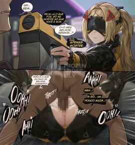 censored female frozenspiderlily gunpoint hoyoverse instant_loss_2koma male mating_press mosaic_censoring penis penis_in_pussy pussy text trigger_(zenless_zone_zero) vaginal vaginal_penetration vaginal_sex zenless_zone_zero