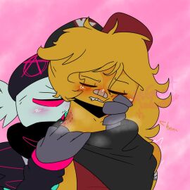 bandaid bite_marks biting_neck block_tales blood_drip blush cap griefer_(block_tales) hair licking_neck long_hair looking_pleasured mild_blood player_(block_tales) ponytail roblox robloxian