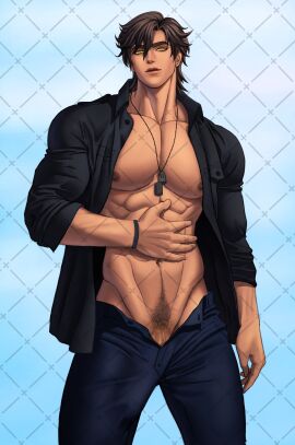 1boy abs bara brown_hair bulge bulge_down_leg dog_tags erection erection_under_clothes footlongcheese1 hand_on_stomach happy_trail kite_hasegawa looking_at_viewer looking_down looking_down_at_viewer male male_only muscular muscular_arms muscular_chest nipples open_clothes open_pants open_shirt pants pecs penis penis_peek pov pov_eye_contact pubic_hair seductive solo solo_male standing yaoi