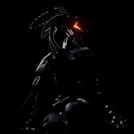 1girls 3d_animation animated ass bionicle bioniclec4_(artist) black_background bouncing_breasts breasts cleavage glowing_eyes high_heels hips large_breasts music original_character red_eyes simple_background sound thick_thighs thighs video walking