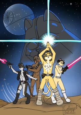 2024 4_fingers alternate_species animal_genitalia anthro armor balls bandolier belt black_body black_fur black_nose blaster blonde_hair boots breasts brown_body brown_fur brown_hair canid canine canis casual chewbacca clothing colonel_lazuli darth_vader death_star domestic_cat domestic_dog felid feline felis female fingers firearm footwear fur furrification furry furry_female furry_male furry_only genitals gloves group gun hair hair_over_eyes han_solo handwear headgear helmet hi_res humanoid_hands lightsaber luke_skywalker male mammal melee_weapon mostly_nude mostly_nude_anthro mostly_nude_female multicolored_body multicolored_fur navel nipples nonsexual nonsexual_nudity penis pink_nose princess_leia_organa ranged_weapon sheath shoes signature space space_station star_wars tactical_nudity tan_body tan_fur testicles tongue tongue_out topwear two-tone_body two-tone_fur uncensored vest weapon white_body white_fur