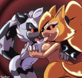 2girls after_kiss black_sclera drool drool_string female french_kiss hand_on_hand hands_clasped lemur looking_at_viewer metal_virus metallic_body mobian_(species) nude nude_female pussy senshion sonic_(series) sonic_the_hedgehog_(idw) tangle_the_lemur vagina whisper_the_wolf wolf yuri zombot