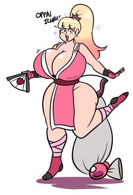 absurdres blonde_hair blush breasts cosplay dialogue fatal_fury female female_only femsub huge_breasts lewdsona looking_at_viewer mai_shiranui mai_shiranui_(cosplay) midriff original pink_eyes ponytail simple_background text vivienne_faye_(lewdsona) white_background