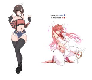 ahoge before_and_after before_transformation black_hair black_thighhighs borrowed_character bulge cutoffs denim_shorts detached_sleeves dog_collar english_text female femboy gift_art gloves hair_feathers hotpants kneeling magical_boy magical_girl_outfit magicorps_(alterkyon) male nipple_piercings_under_clothes on_one_knee original pantyhose penis penis_shrinkage penis_shrinking pierced_nipples sengote shorts small_bulge sparkles staff suspender_shorts suspenders tadakuni_(alterkyon) thighhighs thighs transformation tubetop twintails v_sign white_gloves white_pantyhose