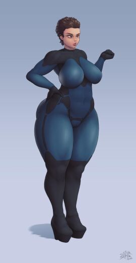 big_breasts black_eyes bodysuit breasts brown_hair female female_focus female_only light-skinned_female light_skin milf mole original original_character satyrsatyr short_hair swimsuit tagme thick_thighs wide_hips