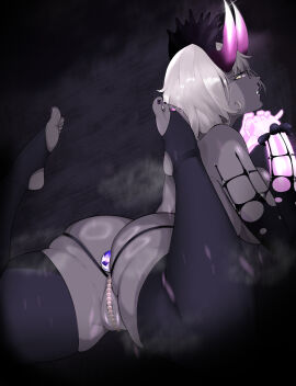 1girls 23:30 absurdres anal anal_object_insertion anal_plug ass big_ass big_breasts black_dress black_nails breasts butt_plug buttplug colored_skin detached_sleeves dress fate/grand_order fate_(series) feet female female_only glasses glowing_skin grey_hair grey_skin highres horns huge_ass itswaaves jacques_de_molay_(foreigner)_(fate) jacques_de_molay_(foreigner)_(third_ascension)_(fate) jewel_butt_plug jewel_buttplug large_ass large_breasts looking_at_viewer looking_back lying nail_polish object_insertion on_stomach partially_visible_vulva pearl_thong princess_plug pussy see-through_body sex_toy short_dress short_hair stirrup_legwear thick_thighs thighs toeless_legwear toenail_polish toenails toes topless waaves yellow_eyes