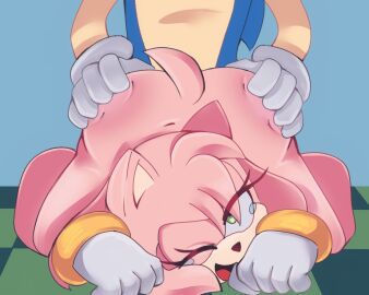 1boy 1girls ambiguous_penetration amy_rose anthro anthro_on_anthro ass ass_grab ass_up blue_body blue_fur completely_nude_female dani_nsfw doggy_style female green_eyes hands_on_ass happy_sex male nude_female one_eye_closed pink_body pink_fur pleasured_female sex sonic_(series) sonic_the_hedgehog sonic_the_hedgehog_(series) tears tears_of_pleasure top-down_bottom-up