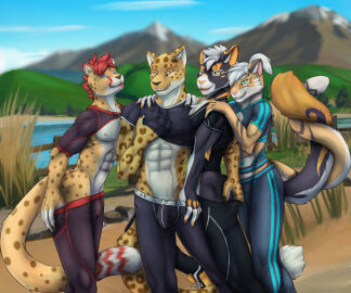 6:5 abs absurd_res anthro ass biceps black_body black_fur black_nose blep blue_eyes bottomwear bulge cheetah cheetahpaws_(character) chinese_text claws clothed clothing cloud crop_top detailed detailed_background digital_drawing_(artwork) digital_media_(artwork) dripping dripping_wet ear_piercing ear_ring english_text felid feline felis fence footwear fur fur_tuft grass group hair hand_in_underwear hand_on_ass hand_on_butt hand_under_clothing hand_under_shirt hi_res howlfeiwolf lake leopard long_hair looking_at_viewer male male/male mammal mohawk mountain muscular muscular_anthro muscular_male navel nipples number open_mouth orange_nose outside pantherine pawpads pecs piercing pink_nose plant ponytail quads red_hair ring_piercing rouka_(cheetahpaws) shirt shirtless shirtless_male shirtless_sleeves shoes smile spots stripes swimming_trunks swimwear tail teeth text tiger tongue tongue_out topless topless_male topwear tree tuft underwear undressing water wet wet_body white_body white_fur white_hair yellow_body yellow_eyes yellow_fur