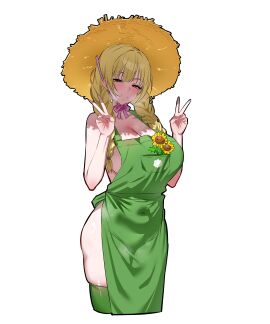 1girls anime_style apron big_breasts blonde_hair blush braid breasts brown_eyes busty cleavage closed_mouth covered_navel cropped_legs double_v female female_only floral_print green_apron half-closed_eyes hands_up hat hi_res highres large_breasts legs long_hair looking_at_viewer low_twin_braids naked_apron nisp_art outline personification plants_vs._zombies plants_vs_zombies pose posing seductive seductive_look seductive_smile sideboob smile solo standing straw_hat sunflower_(pvz) sunflower_print thick_thighs thighhighs thighs twin_braids v voluptuous