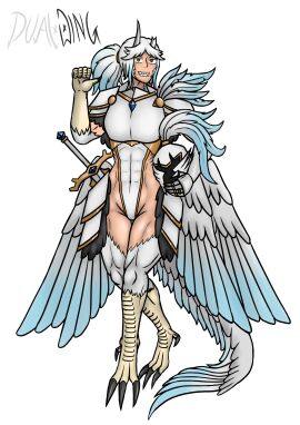 abs angel angel_wings armor armored_female bird blue_feathers blue_hair dualwing female harpy harpy_girl harpy_humanoid impractical_armor monster monster_girl muscles muscular muscular_female muscular_thighs original original_character sharp_teeth white_feathers white_hair wings