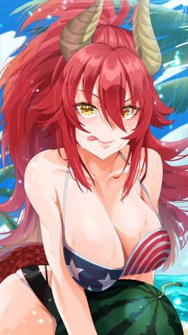 absurdres american_flag american_flag_bikini american_flag_print bikini blue_bikini blue_sky breasts cloud dragon_girl dragon_horns dragon_tail female flag_print food fruit fumizuki_kazuhito highres horns long_hair looking_at_viewer outdoors palm_tree ponytail print_bikini red_bikini red_hair sky smile solo swimsuit tail tongue tongue_out tree virtual_youtuber vshojo watermelon yellow_eyes zentreya zentreya_(cowboy_bikini) zentreya_(dragon)
