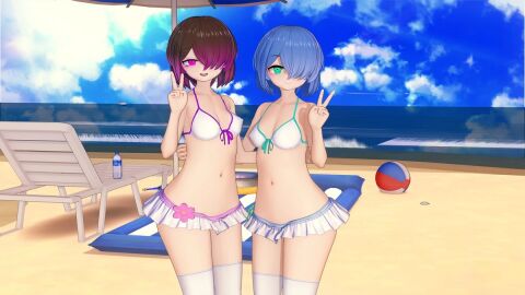 amber_lightvale beach beach_ball beach_umbrella bete_noire blue_hair bra breasts brown_hair closed_mouth_smile cloud female female_focus glitchtale green_eyes hair_covering_eye koikatsu open_mouth_smile pink_eyes pink_hair sea short_hair skirt sky small_skirt smiling thighhighs undertale undertale_(series) water white_bra white_skirt white_thighhighs
