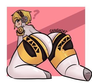 1girls ? aigis_(persona) ass ass_focus blonde_female blonde_hair blue_eyes blush female female_only graighoat looking_at_viewer no_feet no_humans non-human persona persona_3 pink_background robot robot_girl simple_background thick_ass thick_thighs thighs white_skin