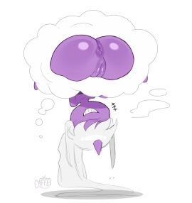 1_horn absurd_res anus ass big_ass big_butt caffeee cloud dazzi_(pal) female genitals grey_hair hair hair_over_eyes hi_res horn humanoid pal_(species) palworld plump_labia pocketpair ponytail presenting presenting_anus presenting_hindquarters presenting_pussy purple_anus purple_body purple_horn pussy simple_background smile smug solo upside-down white_background