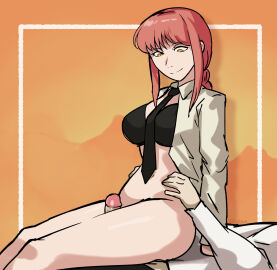 1boy 1girls bra braid chainsaw_man female femdom looking_down makima_(chainsaw_man) male necktie partially_clothed ponytail red_hair thigh_sex thighs triplestabber yellow_eyes