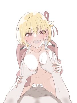 1boy 1girls ban_sh_ee blonde_hair blush breast_grab breasts breath commission cowgirl_position cum cum_in_pussy cum_inside double_breast_grab female female_focus functionally_nude grabbing grabbing_another's_breast guided_breast_grab guiding_hand hair_ribbon hi_res jacket looking_at_viewer lycoris_recoil male navel nipples nishikigi_chisato nude open_clothes open_jacket penetration penis pixiv_commission pussy red_eyes red_jacket red_ribbon ribbon sex short_hair simple_background smile solo_focus straddling straight uncensored vaginal_penetration white_background