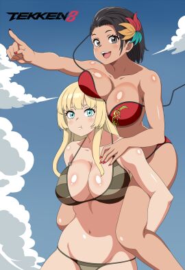 2girls azucena_milagros_ortiz_castillo big_breasts bikini black_hair blue_hair breasts carrying cleavage core_rincon dark-skinned_female dark_skin deviantart emilie_de_rochefort european_female feathers_in_hair female female_only fully_clothed grey_eyes latina namco peruvian_female tekken tekken_8 video_game_character video_games voluptuous voluptuous_female white_body yellow_hair