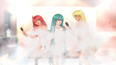 3girls alternate_version_available bath blonde_hair colored everlasting_summer female female_only ginger_female ginger_hair green_hair hatsune_miku juliana_(everlasting_summer) sauna slavya_(everlasting_summer) tagme ulyana_(everlasting_summer) unknown_artist