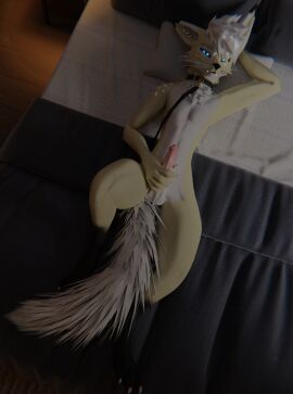 3d_(artwork) absurd_res animal_genitalia animal_penis anthro balls bed bedding bedroom blanket blender_(artwork) blue_eyes canid canine canine_genitalia canine_penis claws collar digital_media_(artwork) erection fox fur furniture genitals hair handjob heart_(marking) hi_res hjortar inside knot leash looking_at_viewer lying male mammal markings masturbation nude on_bed penile penis pillow rexouium sex sheath simple_background smile solo spots spotted_markings tail vrchat vrchat_model white_body white_fur yellow_body yellow_fur