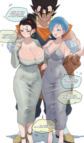 1boy 2girls big_breasts bigger_male black_hair blue_hair blush breast_size_difference breasts bulma_briefs chichi cleavage dominant_male dongtan_dress dragon_ball dress embarrassed female huge_breasts husband_and_wife male mature_female milf multiple_females nia_(nia4294) polygamy potara_earrings sad short_hair tight_clothing vegito white_dress wives