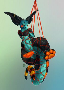 anthro beak blue_body blush bodily_fluids bondage bound digital_media_(artwork) digital_painting_(artwork) dripping ear_piercing ear_ring genital_fluids genitals hi_res horn kobold long_ears male nipples nude orange_pawpads orange_penis pawpads penis piercing ponynok precum precum_drip red_rope restraints ring_piercing rope rope_bondage rope_harness scalie small_horn smile smooth_skin smug solo stripes suspended_in_midair tail teal_body yellow_stripes