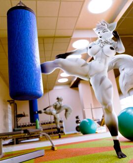 2024 3d 5_fingers 5_toes abs anthro areola artist_name athletic athletic_anthro athletic_female big_areola big_breasts big_tail black_body black_fur blender_(artwork) breasts canid canine curvy_figure detailed_background digital_media_(artwork) exercise_ball feet female fingers fluffy fluffy_tail fox fur genitals gym hair hi_res kick loaf3d long_tail lotus_(daloaf) mammal mature_anthro mature_female multicolored_body multicolored_fur muscular muscular_thighs neck_tuft nipples nude nude_anthro nude_female punching_bag purple_eyes pussy short_hair solo tail thick_thighs toes tuft two-tone_body two-tone_fur voluptuous watermark white_body white_fur white_hair