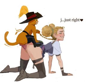 amugea domestic_cat dreamworks goldilocks_(puss_in_boots) hat orange_fur pulling_hair puss puss_in_boots puss_in_boots_(dreamworks) puss_in_boots_the_last_wish size_difference tail text vaginal_penetration vaginal_sex zoophilia