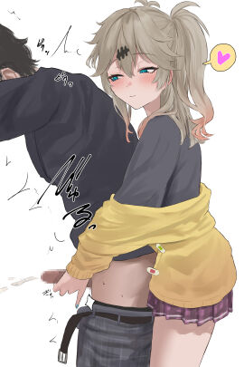 1boy absurdres assertive_female belt black_belt black_hair black_shirt blue_eyes blush brown_hair cardigan censored closed_mouth commentary_request cowboy_shot earrings eru_aise female grey_pants handjob heart highres jewelry kasukabe_tsumugi long_hair long_sleeves looking_at_another male miniskirt one_side_up paid_reward_available pants penis penis_out pleated_skirt purple_skirt shirt simple_background skirt smile solo_focus spoken_heart straight trembling variant_set voicevox white_background yellow_cardigan