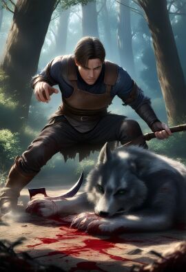 absurdres ai-generated animal attack commentary death english_commentary fog highres leather non-web_source wolf