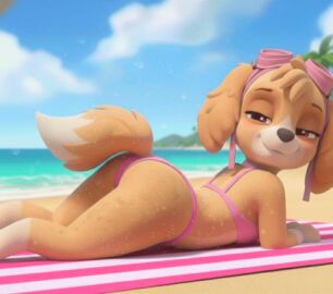 1girls ai_generated anthro ass beach beach_towel bikini breasts brown_eyes brown_fur domestic_dog female_focus furry furry_female goggles_on_head looking_at_viewer naughty_face on_stomach paw_patrol skye_(paw_patrol) tail towel wet