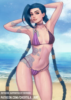1girls 2d arcane arcane_jinx beach bikini blue_hair breasts chertila digital_drawing_(artwork) digital_media_(artwork) female flat_chested hourglass_figure human jinx_(arcane) jinx_(league_of_legends) league_of_legends light-skinned_female light_skin long_hair netflix outside pale-skinned_female pale_skin pose pubic_hair pubic_hair_peek red_eyes riot_games sand slim_waist small_breasts smile solo swimsuit tattoo tattooed_arm tattoos thighs water wide_hips