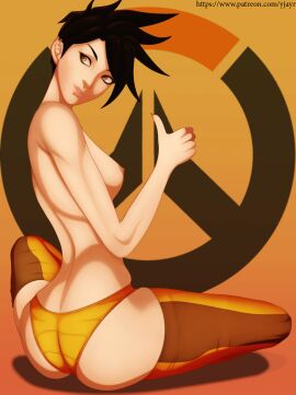 1girls 2016 ass blizzard_entertainment breasts brown_eyes brown_hair female female_focus female_only logo medium_breasts nipples orange_background orange_eyes overwatch overwatch_2 panties short_hair sitting thick_thighs thighhighs thighs thumbs_up tracer youngjaerome