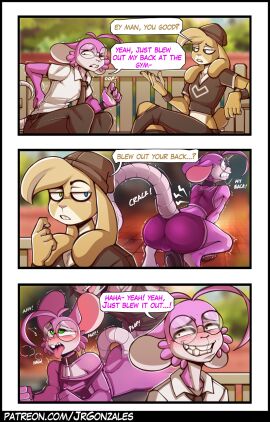 alex_(jay-r) anal anal_sex anthro ass athletic athletic_wear back_pain bench bent_over bodily_fluids bottomwear bulge clothing comic crop_top crouching dialogue digital_media_(artwork) duo english_text exercise eyewear femboy from_behind_position fur gay gay_male glasses gym_bottomwear gym_shorts hat headgear headwear heterochromia hi_res jay-r lagomorph leporid male male/male male_penetrated male_penetrating male_penetrating_male mammal mouse murid murine necktie pants penetration purple_shorts rabbit rodent sex shirt shorts simple_background sitting smile speech_bubble sweat sweatdrop tail teeth text topwear vix_(jay-r) weights yaoi