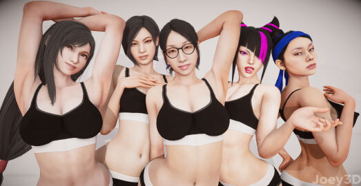 3d 5girls ada_wong ada_wong_(adriana) armpits asian asian_female breasts brown_eyes crossover dark_hair eastern_and_western_character female final_fantasy final_fantasy_vii final_fantasy_vii_remake glasses headband honey_select_2 joey3d_(artist) juri_han kei_(ryuu_ga_gotoku) kitana kitana_(mk11) kson_onair looking_at_viewer mortal_kombat mortal_kombat_11 navel panties pink_eyes posing resident_evil resident_evil_4 resident_evil_4_remake ryuu_ga_gotoku smile smiling_at_viewer sports_bra street_fighter street_fighter_6 tifa_lockhart tongue tongue_out two-tone_hair underwear virtual_youtuber vshojo white_background