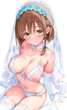 absurdres arm_support blush bra braid braided_sidelock breasts bridal_veil brown_hair choker closed_mouth collarbone elbow_gloves female front-tie_bra gloves green_eyes highres iwato_(celler) lace lace-trimmed_thighhighs lace_choker lace_trim large_breasts looking_at_viewer mole mole_under_eye navel nipples original panties see-through_bra see-through_clothes shiny_skin short_hair sitting smile solo thighhighs underwear underwear_only veil wariza white_background white_bra white_choker white_gloves white_panties white_thighhighs
