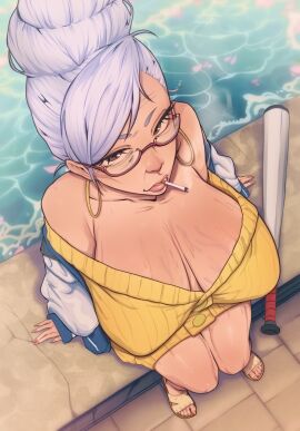 ayase_seiko big_breasts blush breasts brown_eyes choker collarbone dandadan earrings female gilf glasses half-closed_eyes hoop_earrings jewelry large_breasts looking_at_viewer lying mahmapuu nipples on_back open_mouth red-framed_eyewear semi-rimless_eyewear shiny shiny_skin solo sweater tongue tongue_out under-rim_eyewear upper_body upper_teeth white_hair