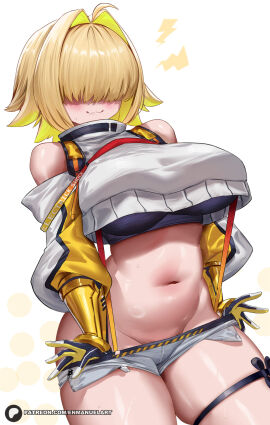 1girls :3 ahoge bare_shoulders bare_thighs big_breasts blonde_hair blush booty_shorts breasts clothed clothing color cute_fang elegg_(nikke) enmanuelart20 female female_focus female_only gloves goddess_of_victory:_nikke hair_over_eyes hi_res large_breasts light-skinned_female light_skin navel no_panties pulling_down_pants short_hair short_shorts shorts solo solo_female suspenders tagme thick_thighs thigh_strap two-tone_hair underboob undressing white_background