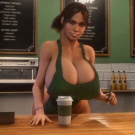 1girls 3d 3d_(artwork) african african_female alternate_breast_size barista big_ass big_breasts big_hips big_thighs breasts breasts_bigger_than_head brown_eyes brown_eyes_female brown_hair brown_hair_female bust busty capcom cleavage coffee coffee_cup coffee_shop curvaceous curvy curvy_figure dark-skinned_female dark_skin female female_only gigantic_breasts hips hourglass_figure huge_ass huge_breasts huge_thighs human human_female human_only inviting inviting_to_fuck inviting_to_paizuri inviting_to_sex large_ass large_breasts large_hips large_thighs legs mature mature_female naked_apron no_bra resident_evil resident_evil_5 sheva_alomar slim_waist smile smiling smiling_at_viewer solo solo_female thick thick_hips thick_legs thick_thighs thighs vaako voluptuous waist wide_hips